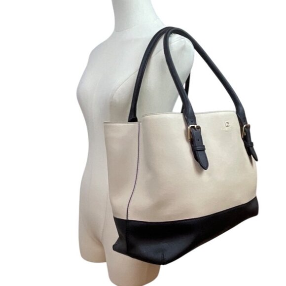 Kate Spade Beige & Black Two Tone Leather Adjustable Handles Tote Bag Sz L - Picture 1 of 14
